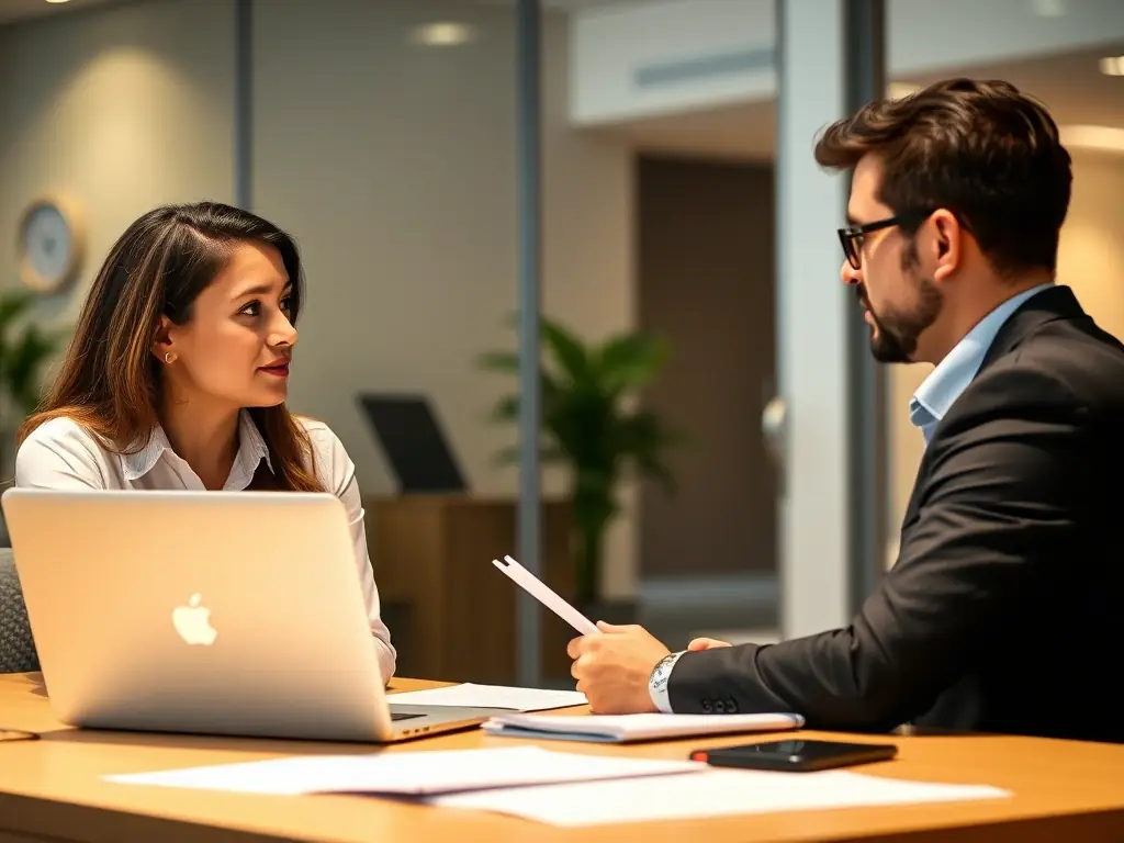 A professional coach engaging in a one-on-one session with a client in a modern office setting, highlighting personalized guidance and focused attention.