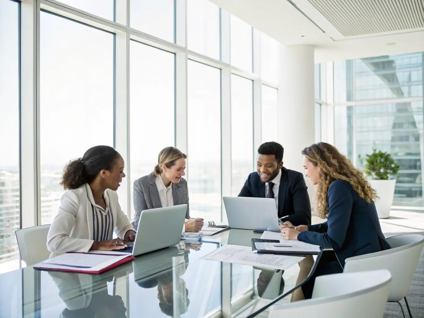 A diverse group of professionals participating in a dynamic coaching session, exchanging ideas and collaborating on problem-solving strategies in a well-lit conference room.