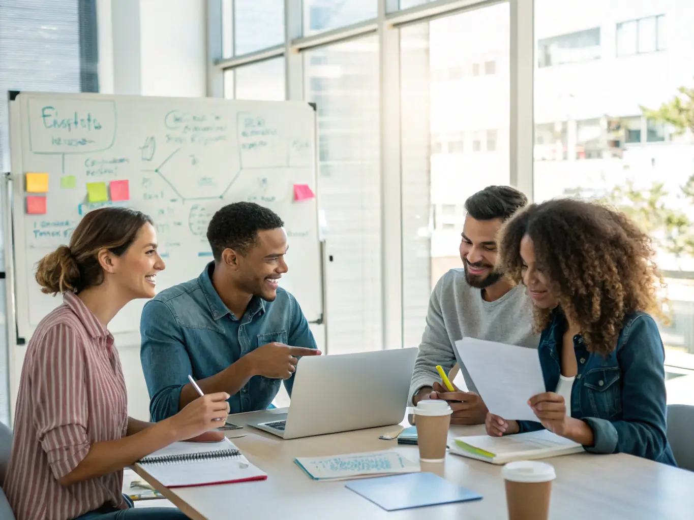 A group of professionals engaged in a lively coaching session, exchanging ideas and collaborating in a bright, modern co-working space.