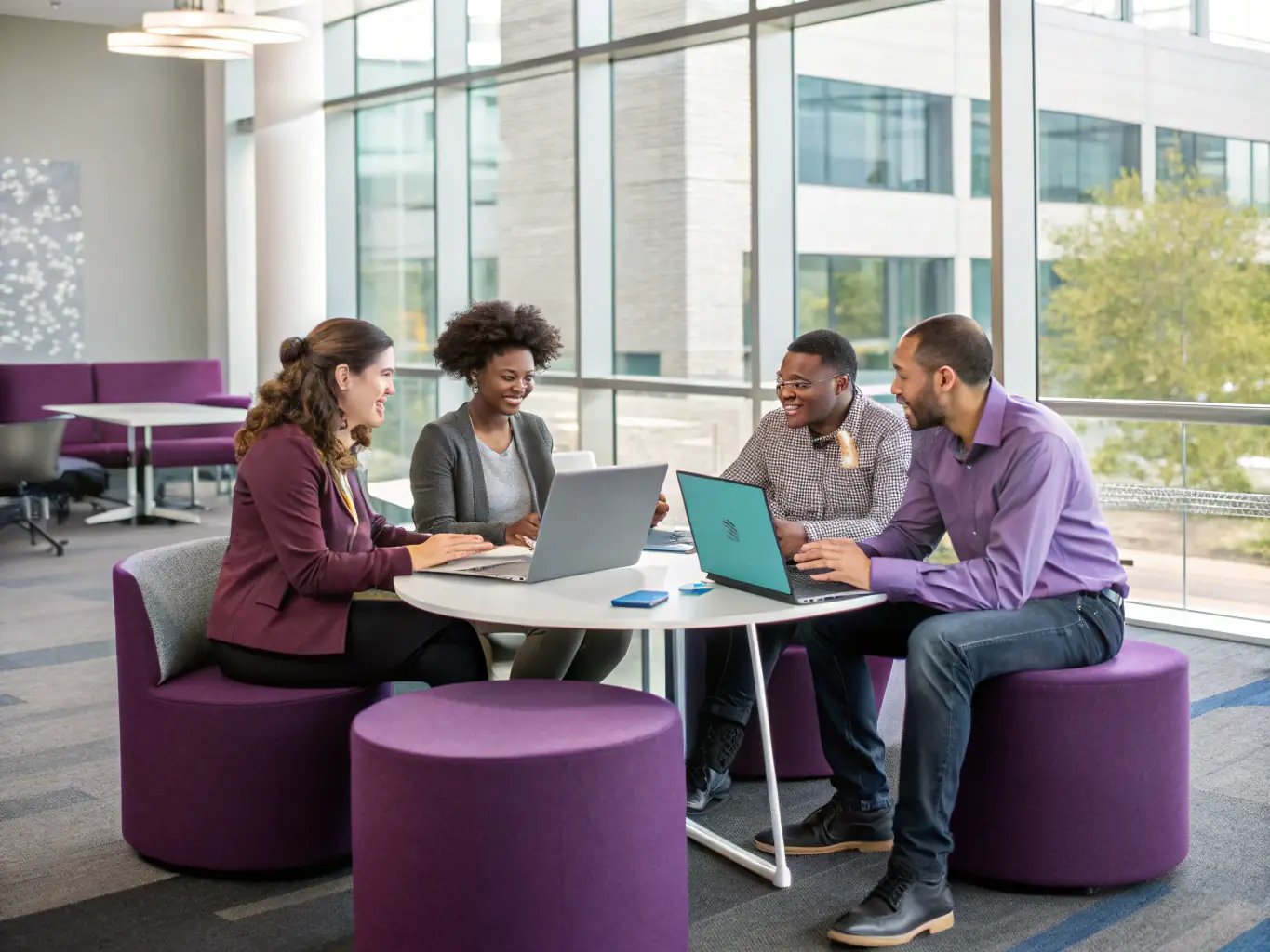 A diverse group of entrepreneurs collaborating during a Scornbox.fun group coaching session, highlighting the power of peer learning.